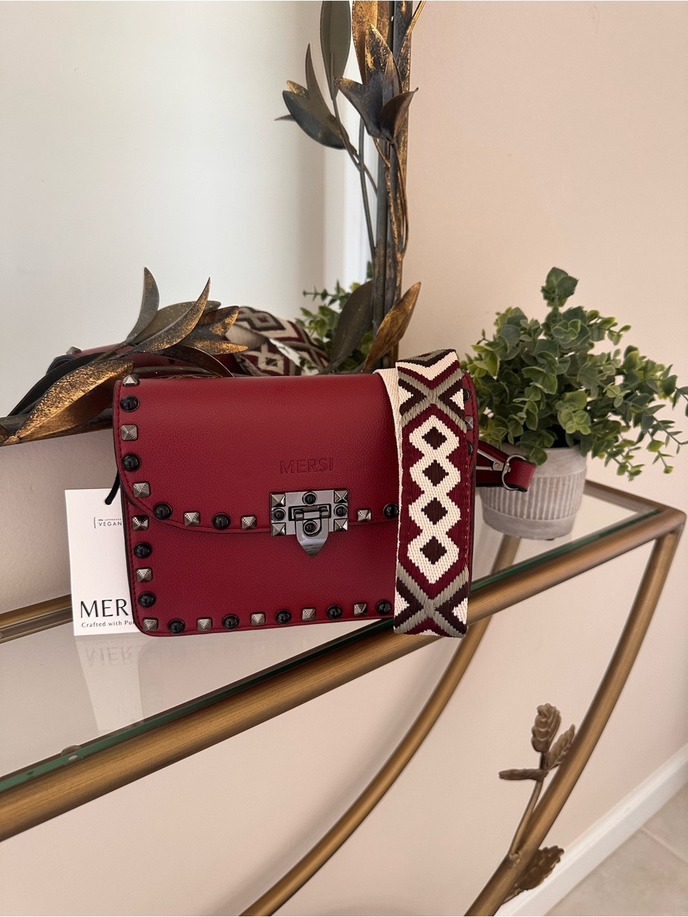 Red Stud-Trim Crossbody Bag with Patterned Strap